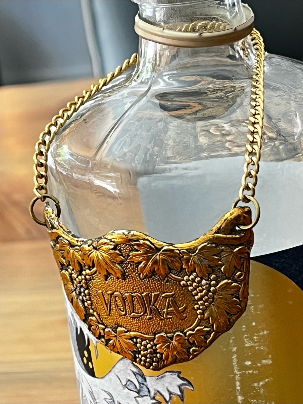 Vintage Gold Bottle Label Necklace - 'VODKA'